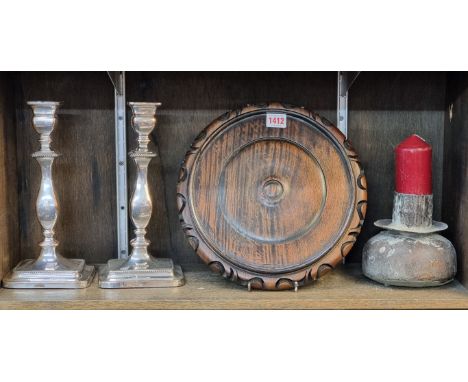 A pair of Regency Old Sheffield Plate candlesticks, inscribed 'Dan Holy, Parker &amp; Co', 28.5cm high; together with a large