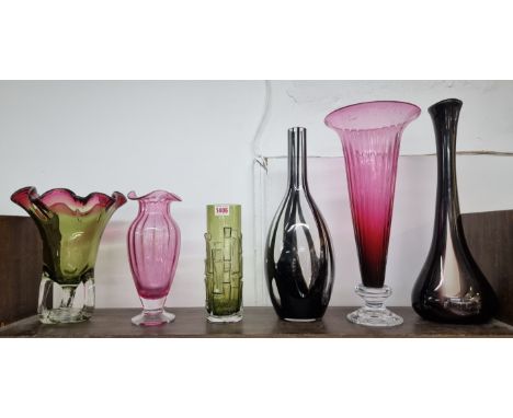 A collection of coloured glass vases, to include a Loetz style example; and a John Barber iridescent example, 17.5cm high. (1
