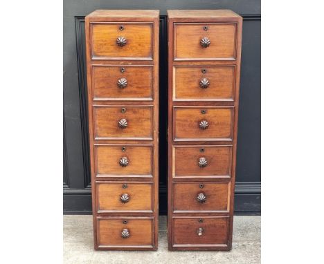 A pair of Victorian mahogany six drawer pillar chests, 124cm high x 34cm wide, (formerly part of a larger item).