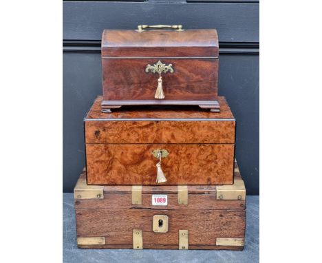 An 18th century mahogany dome top tea caddy, 24cm wide; together with a Victorian burr walnut casket, 31cm wide; and an Anglo