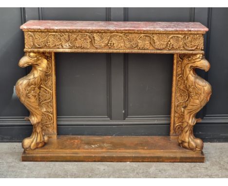 A reproduction marble top and carved giltwood console table, 125.5cm wide, (s.d.).