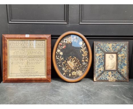 A George IV needlework sampler, inscribed 'Eleanor Kendall, Harrold School, Christmas 1821', 32 x 32cm; together with a 19th 