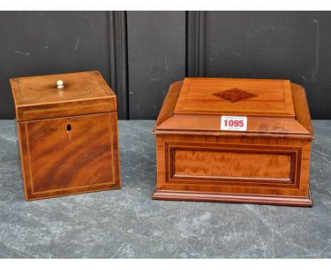 A specimen wood casket, labelled 'Made By Mr Smith When A Young Man', 20cm wide; together with a George III mahogany and line