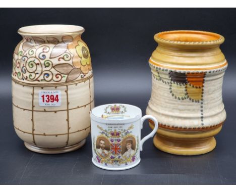 A Bursley Ware 'Charlotte Rhead' vase, 18cm high; together with a Crown Ducal vase, 16.5cm high; and a Shelley George V Coron