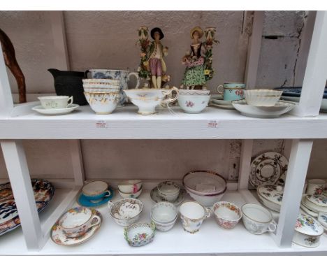 A mixed group of Victorian pottery and porcelain; together with a small Dresden twin handled dish. (two shelves) 