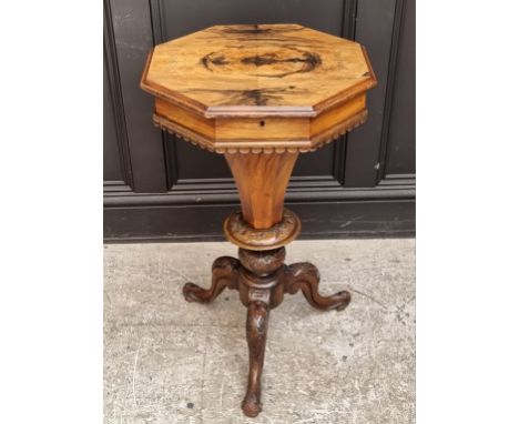 A Victorian walnut octagonal trumpet work table, 45cm wide.