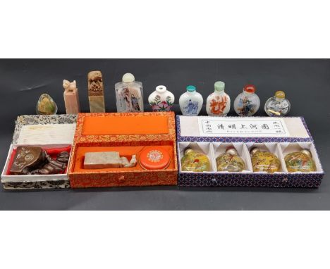 A collection of Chinese works of art, to include snuff bottles and seals, some boxed.