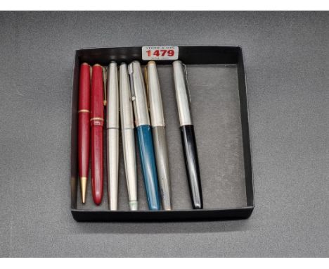 Five Parker fountain pens, to include two 51s and a 61; together with another vintage Parker pen set. (7)