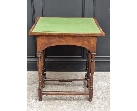 An unusual 18th century walnut, feather and crossbanded card table, with fold-over top and double gateleg, 67cm wide.