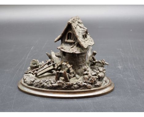A bronze novelty water wheel inkwell, 15.5cm wide.