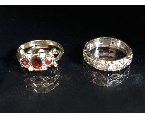 Jewellery, 2 vintage stone set rings, gold on silver, one a full eternity ring approximate size O the other a  Garnet and whi