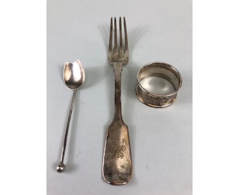 Hallmarked silver items to include napkin ring, fork and interesting shaped spoon total weight approx 98g