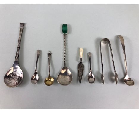 Collection of hallmarked silver spoons, sugar nips, salt spoons etc total eight pieces
