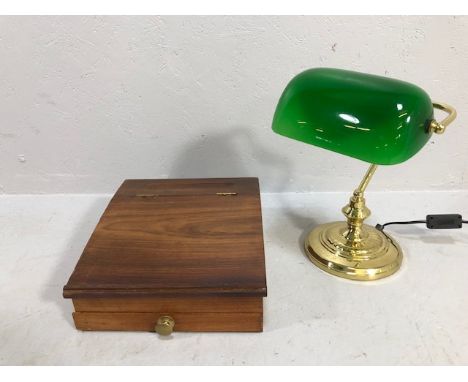 Desk lamp, modern bankers table lamp with green shade on brass style base  and a modern wooden desk top writing slope with li