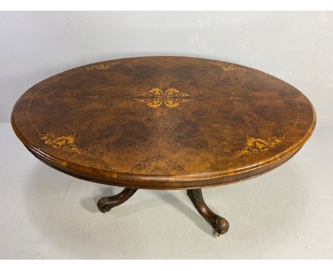 Antique furniture, !9th Century oval top dining table, burr walnut veneer top with marquetry design of leaves and tendrils, s
