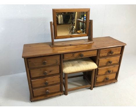Pine Furniture, modern dressing table on casters, knee hole with 4 drawers each side, matching stool and vanity mirror table 