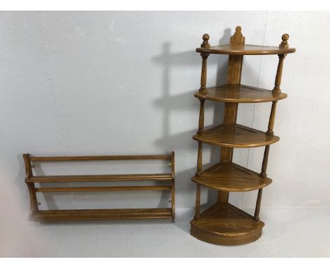 Mid Century Furniture, Ercol Corner shelf unit in Elm comprising of 5 shelves with turned spindle supports approximately 123c