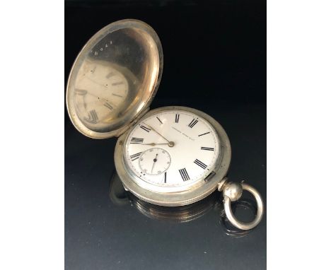 Silver hallmarked full hunter pocket watch, white face with roman numerals and subsidiary minute dial Camerer Kuss &amp; Co, 