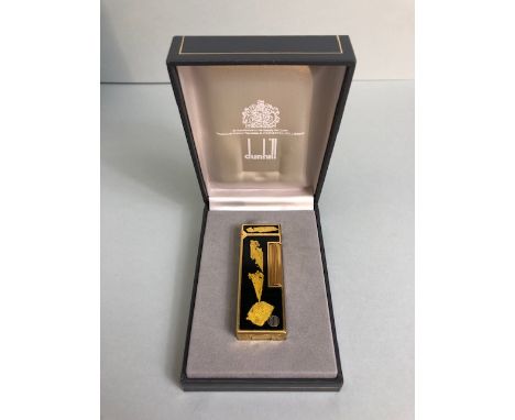 Dunhill, Vintage Pocket lighter, 1980s Dunhill Gold plated Rollagas pocket lighter with black lacquer and gold leaf decoratio