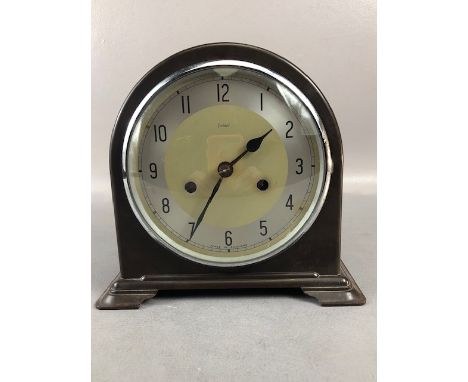 Vintage Clock, 1950s Enfield  mantel clock in Bakelite case, silver chapter ring with arabic numerals and black hands, with k