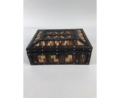 Antique Quill work box, 20th century Asian porcupine quill and bone inlaid  trinket box  the inside of the lid with bone inla