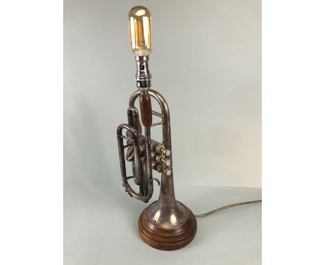 Table Lamp, Novelty lamp base made from a vintage Boosey and Hawkes 78  silver plated cornet on a wooden turned plinth approx