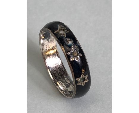 Early Victorian Full Mourning ring, Black enamel on white metal set with seed pearls, Approximately size L 1/2 , A.F