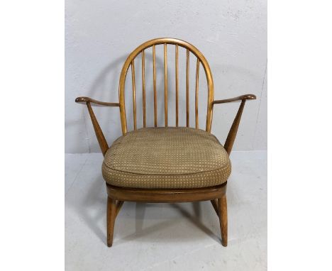 Mid century furniture, Ercol Windsor style arm chair in blonde wood with one original cushion