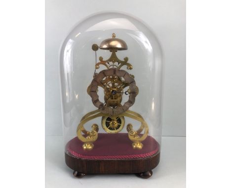Antique Clock, Victorian brass eight day Fusee skeleton clock, the 11cm silvered and scalloped chapter ring applied with Roma