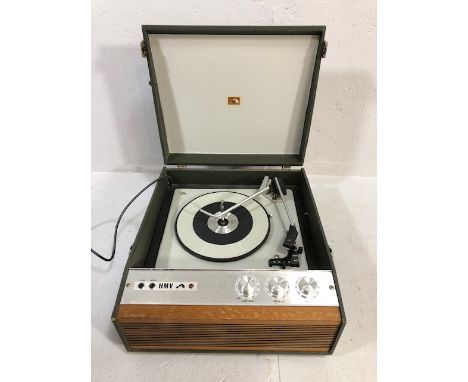 Vintage, retro, portable record player HMV model 2038, wood and faux leather case approximately 40 x 45 x 15cm  A.F