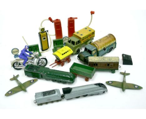 Two Brimtoy Pocketoys  Regent Tanker, Horse Box, Benbros Motorcyle with rider, 2 x Dinky Toys pre war train coach and Carriag