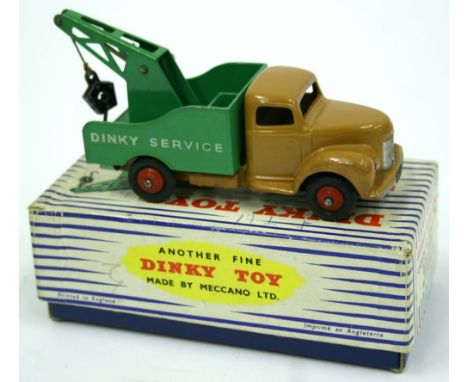 Dinky Toys 430 Commer Breakdown Lorry, tan cab, mid green back, white logo, red hubs, in blue and white striped box, model is