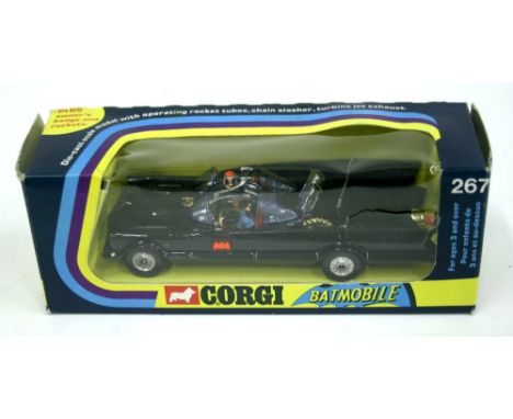 Corgi Toys 267 Batmobile, gloss black body, Batman & Robin figures, silver Whizzwheels,with tow hook with 6 yellow rockets in