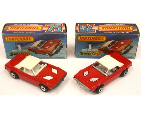 Matchbox Superfast Two 1c Dodge Challenger’s, light and dark red bodies with WHITE and CHROME interiors, models are near mint