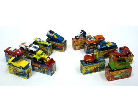 Twelve Matchbox Superfast 1:75 series boxed,1 Dodge Challenger,6 Mercedes 350SL, 7 VW Golf,8 De Tomaso Pantera, 14 Mini Ha Ha