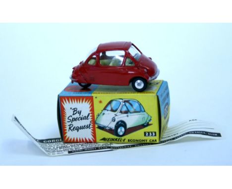 Corgi Toys  233 Heinkel Economy Car, red body, yellow  interior, flat spun wheels, with Corgi leaflet,  in mint boxed conditi