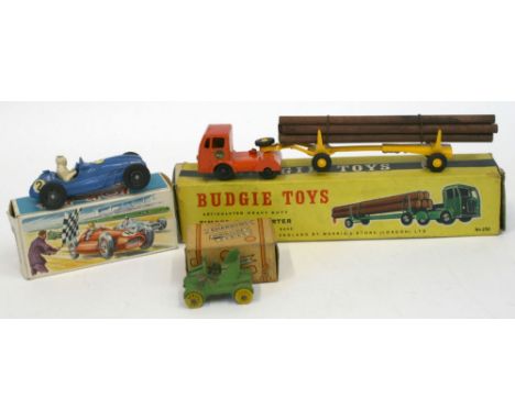 Budgie Toys 230 Seddon Articulated heavy Duty Timber Transporter, orange/yellow, with timber load, in good condition, missing