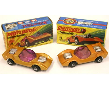 Matchbox Superfast Two 4b Gruesome Twosome’s, white and cream interiors with light and dark gold bodies, models are mint in n