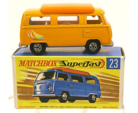 Matchbox Superfast 1970 Transitional issue 23a Volkwagen Camper with orange body and sailboat labels, model is mint in near m