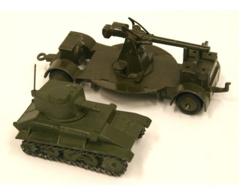 Dinky Toys 152a Light Tank, military green, chain tracks, aerial and 161b Anti Aircraft Gun on trailer, dark  brown  body, bo