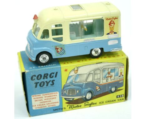 Corgi Toys  428 Smiths Mister Softee Ice Cream Van,light blue/cream body in near mint condition, with a good card box, slight