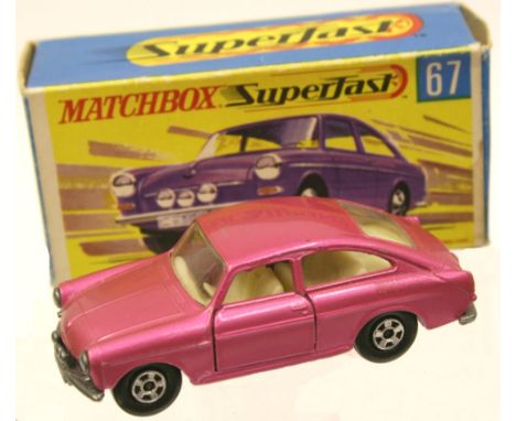 Matchbox Superfast 67a VW 1600TL, hard to find 1970 Transitional issue, with pink body and THIN wheels (usually wide on Pink 