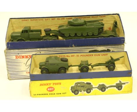 Dinky Toys Gift Set 698 Military Tank Transporter with Tank, in fair condition, some play wear, tank is complete with rubber 