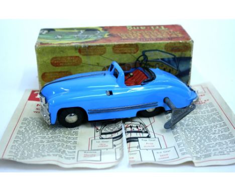 Triang  Minic No2 Sports Car, mid blue body, red interior, working clock work motor, with gears, complete with key and instru