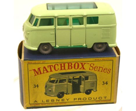 Matchbox Regular Wheel 34b Volkswagen Camping Car, light green body, dark green interior/base, knobbly grey plastic wheels in