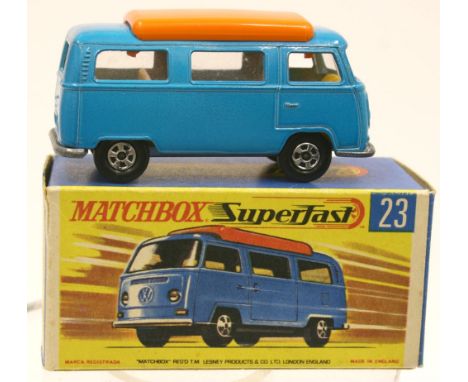 Matchbox Superfast 1970 Transitional issue 23a Volkwagen Camper with blue body, model is mint in very near mint box 