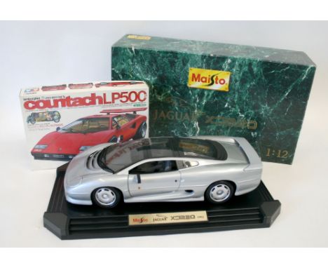 Maisto Jaguar XJ220 1:12 Scale model, silver body and Lamborghini Countach LP500 1/24 Scale plastic kit, both mint boxed