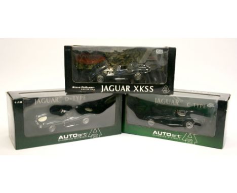 Three Auto Art Jaguar Models,Jaguar D Type, Jaguar C Type and Steve McQueen’s Jaguar XK SS, British racing green, 1/18 scale,