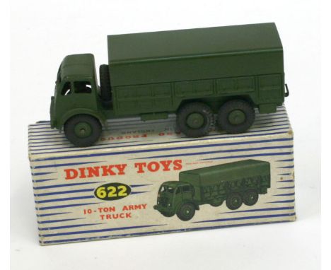 Lot 236  Dinky Supertoys 622 Foden 10-Ton Army Truck ,military green body, tin tilt, in near mint condition in very good box,