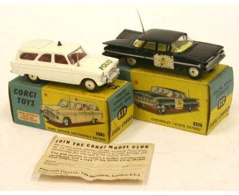 Two Boxed Corgi Toys Police Cars,419 Ford Zephyr Motorway Patrol, white body, red interior, flat spun wheels, in near mint co